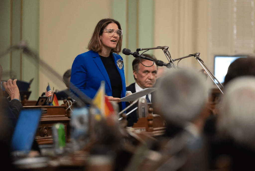 Assemblymember Rebecca Bauer-Kahan speaks in support of SCR 135, which would designate May 6, 2024 as California Holocaust Memorial Day on the Assembly floor at the state Capitol in Sacramento on April 29, 2024. Photo by Miguel Gutierrez Jr., CalMatters